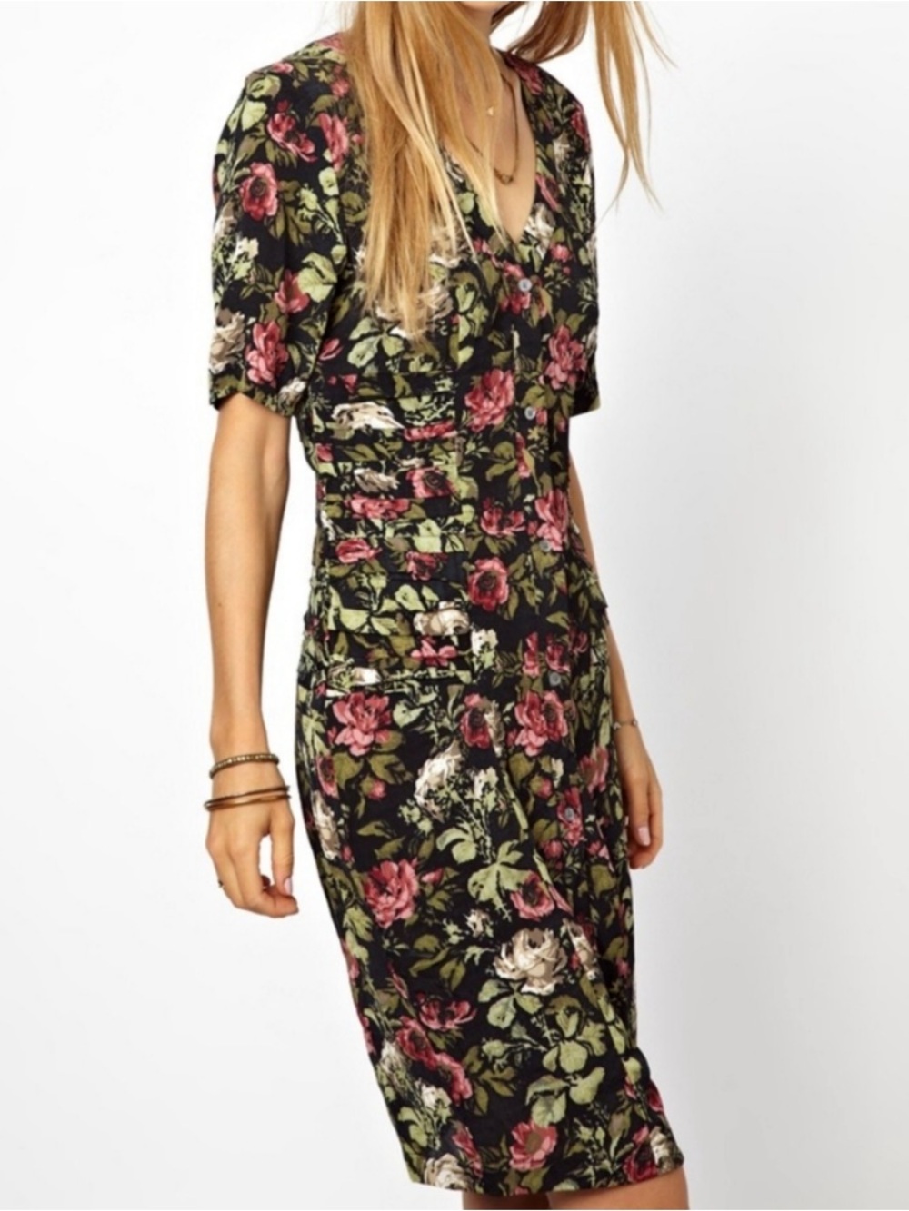 Ganni || Polkas & Roses Ruched Waist Dress Button‎ Front Black Floral Large